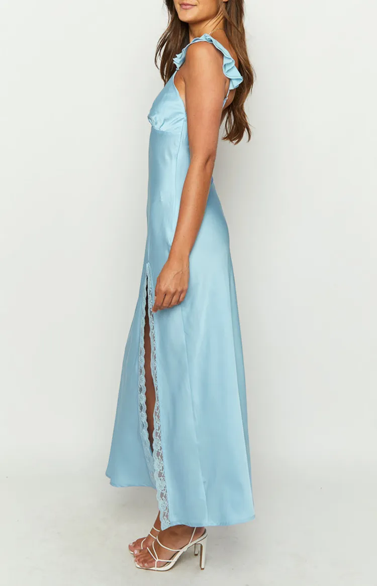 One Shoulder Light Blue Satin Slit Maxi Dress