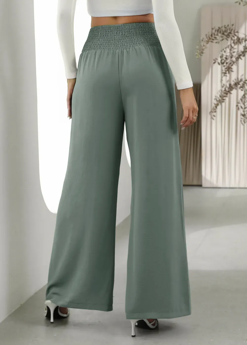 Sage Green Smocked Elastic Waist High Waisted Pants