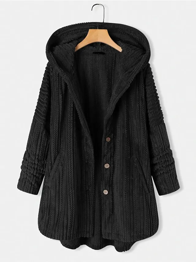 Women's Plus Size Teddy Coat Winter Coat Button Pocket Plain Outdoor Causal Long Sleeve Hoodie Regular Winter Fall Black Blue Khaki XL XXL 3XL 4XL 5XL