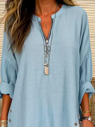 V Neck Long Sleeve Plain Zipper Regular Loose Shirt For Women