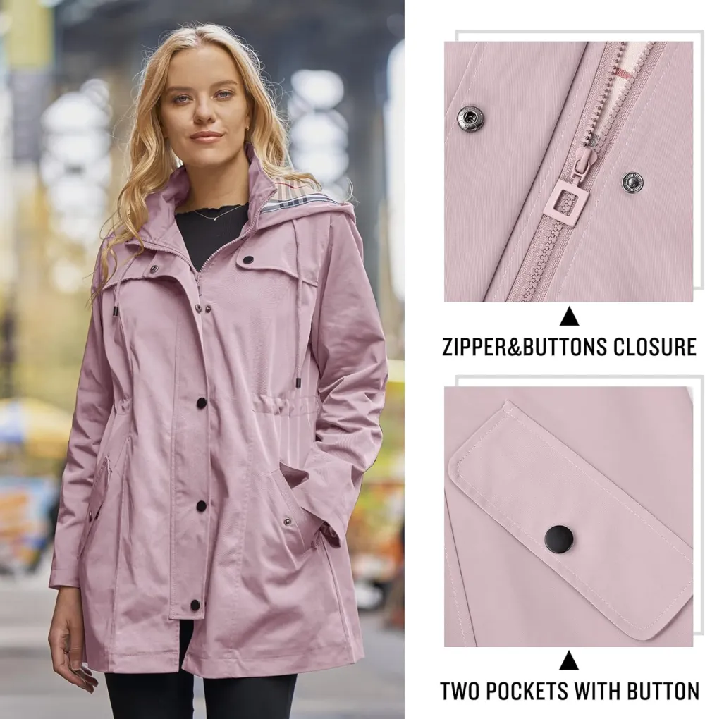 Women's Long Hooded Rain Jacket Outdoor Raincoat Windbreaker