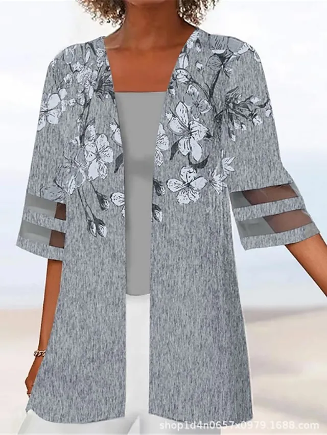 Women's Jacket Casual Jacket Outdoor Patchwork Floral Breathable Fashion Regular Fit Outerwear 3/4 Length Sleeve Summer Light Pink S