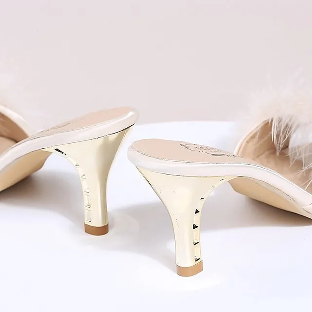 Women's Sandals Furry Feather High Heel Pointed Toe Faux Fur PU Loafer Solid Colored Black Rosy Pink Beige