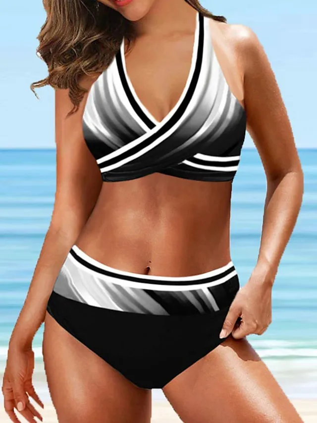 Women's Swimwear Bikini 2 Piece Plus Size Swimsuit Backless 2 Piece Stripe Sexy Printing Ombre Geometic Black Purple V Wire Bathing Suits New Vacation Stylish