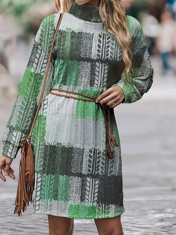 Women's Sweater Dress Knit Dress Jumper Dress Mini Dress Knitwear Warm Vacation Plaid Outdoor Daily Vacation Going out Turtleneck Long Sleeve 2023 Loose Fit Yellow Blue Green S M L XL XXL 3XL