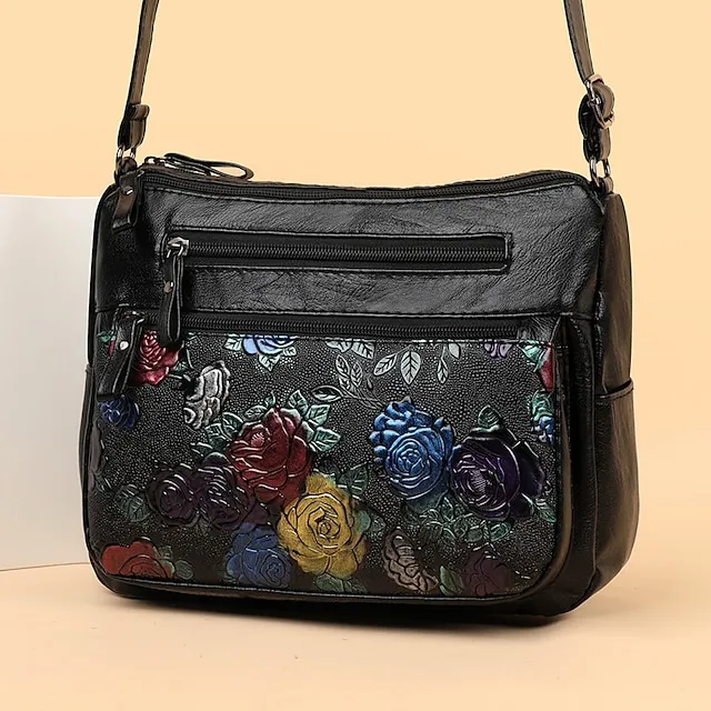 Women's Crossbody Bag Shoulder Bag PU Leather Outdoor Office Zipper Adjustable Large Capacity Lightweight Flower Black