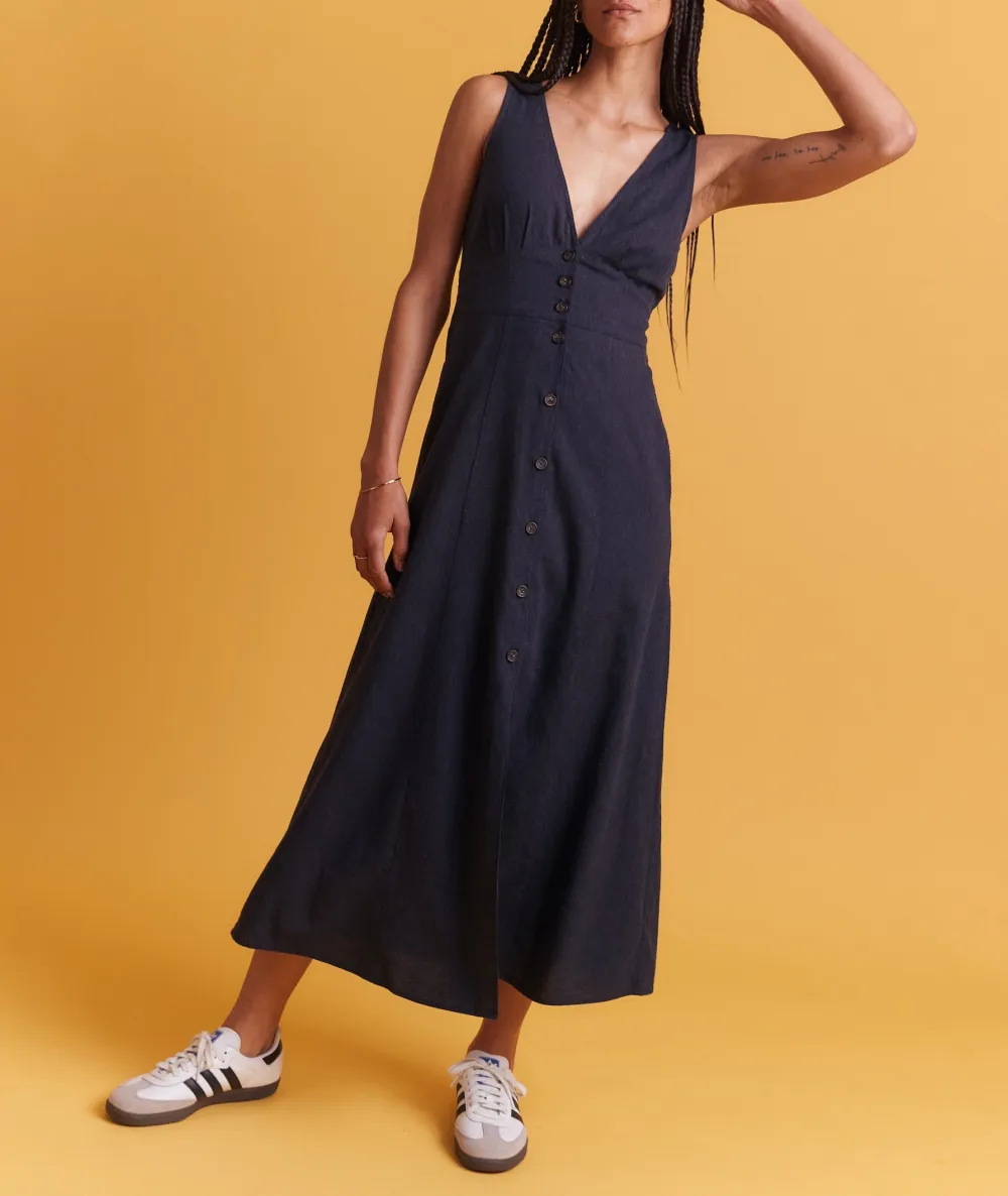 Navy Button-Down Sleeveless Midi Dress