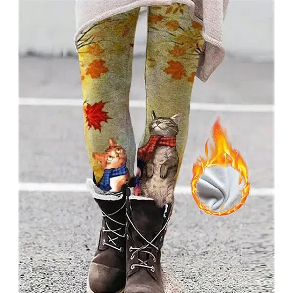 Women's Fleece Lined Leggings Warm Full Length Winter Leggings Print Micro-elastic Mid Waist Fashion Christmas Gifts Christmas Black Yellow S M Winter