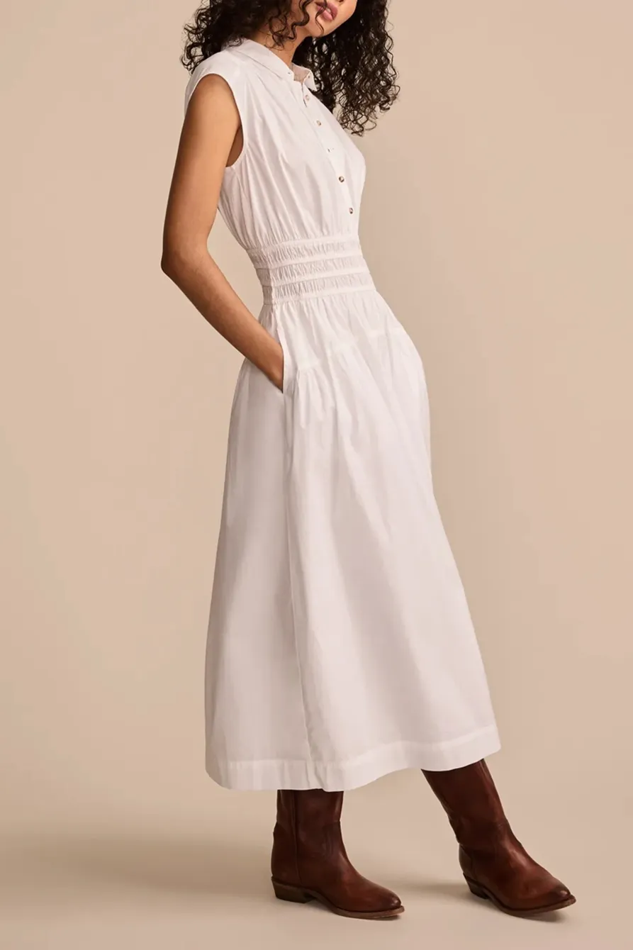 Bright White Smocked Dropped Waist Midi Dress