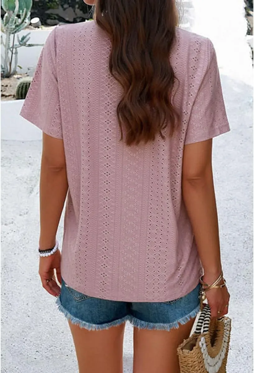 Women's Buttoned V Neck Hollow Short Sleeved T Shirt Summer Casual Fashion Solid Color Tees Tops