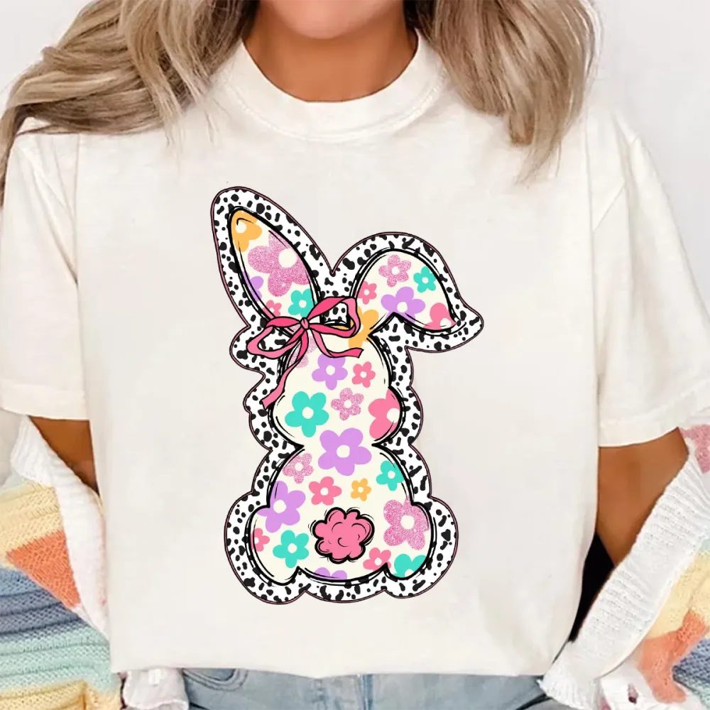 Easter Leopard Floral Bunny Printed Round Neck Short Sleeve T-Shirt