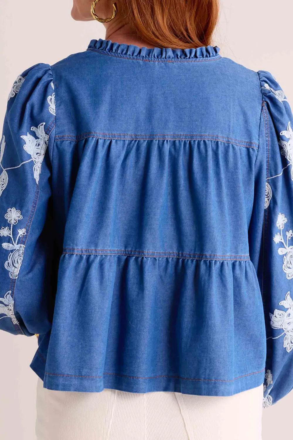 Blue Denim Ruffled Detail V-Neck Peplum Blouse