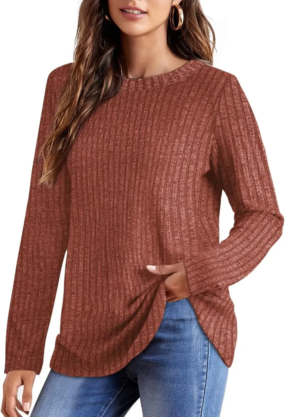 OFEEFAN Long Sleeve Shirts for Women Lightweight Crew Neck Casual Tunic Tops