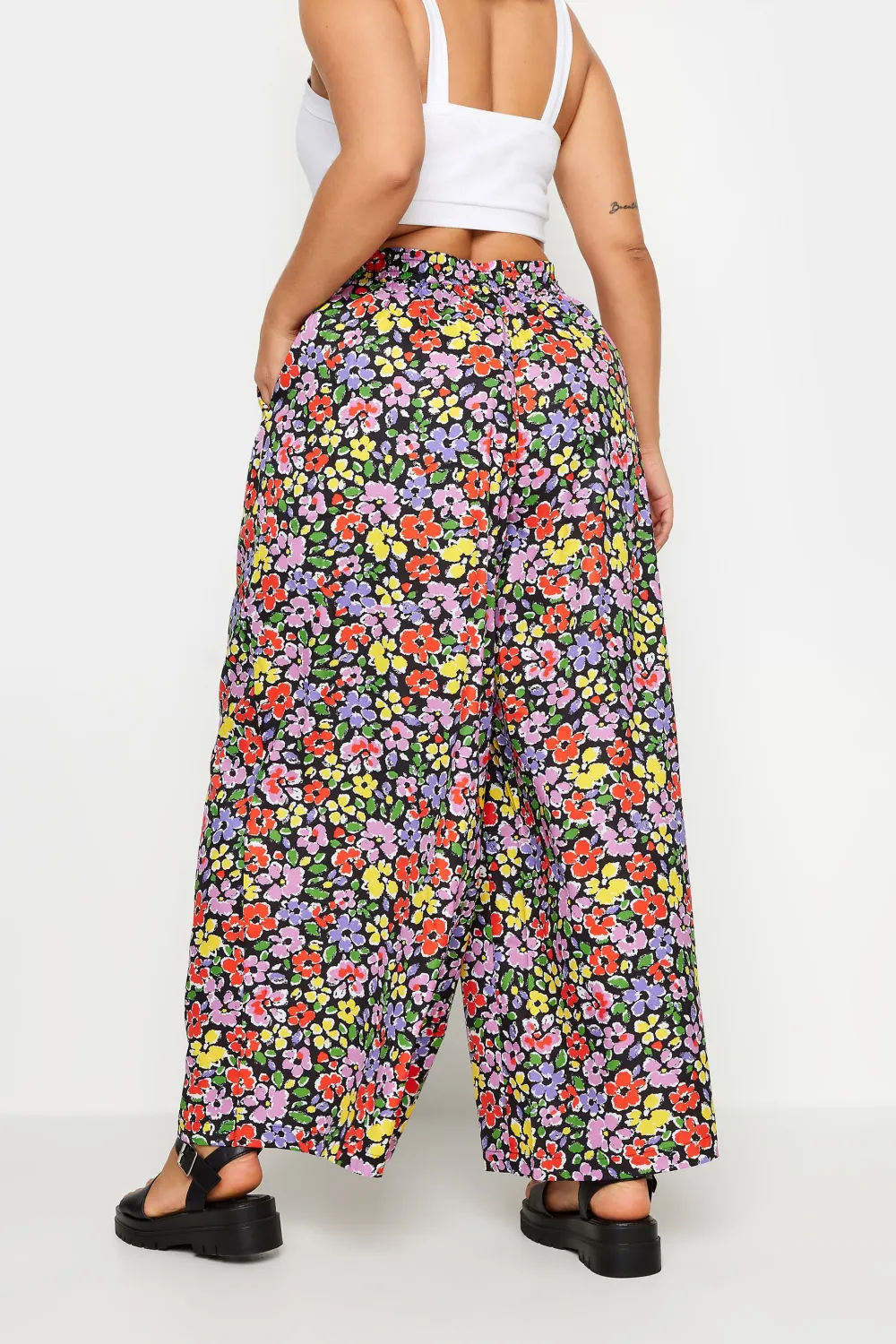 Yours Curve Black Leaf Print Drawstring Wide Leg Trousers