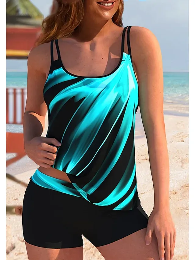 Women's Swimwear Tankini 2 Piece Plus Size Swimsuit 2 Piece Graphic Light Blue Yellow Blue Purple Rainbow Tank Top High Neck Bathing Suits Sports Summer
