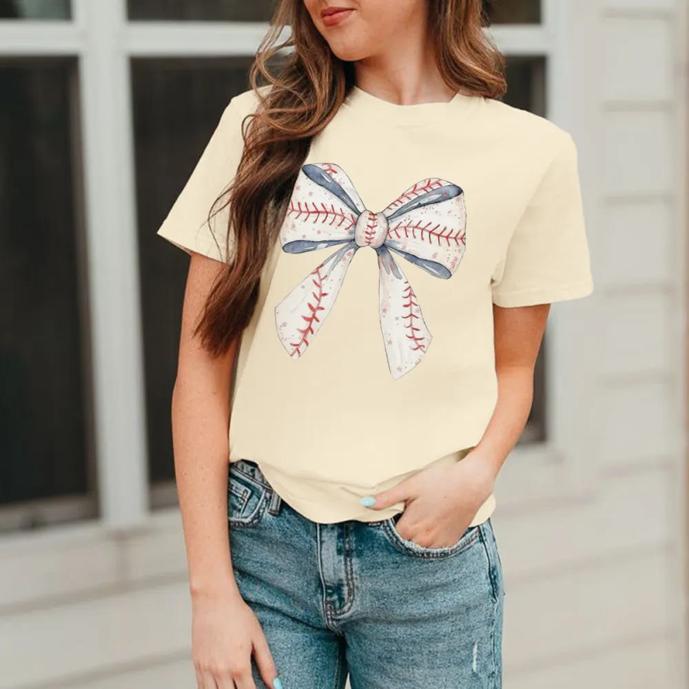 Bow Tie And Baseball Textured Stitching Combination Pattern, Casual T-Shirt.
