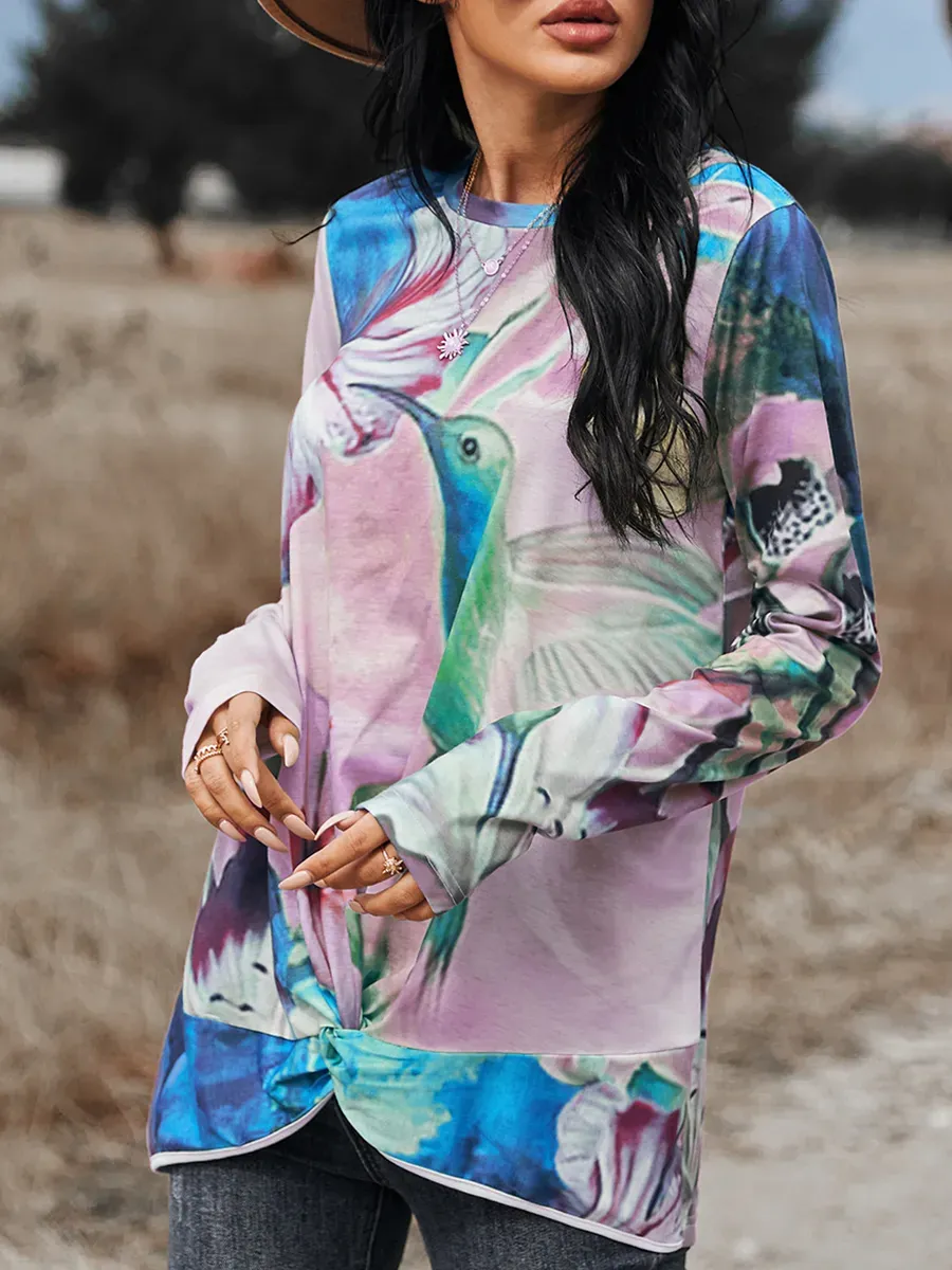 Women Casual Long Sleeves Printed Crew Neck T-shirts