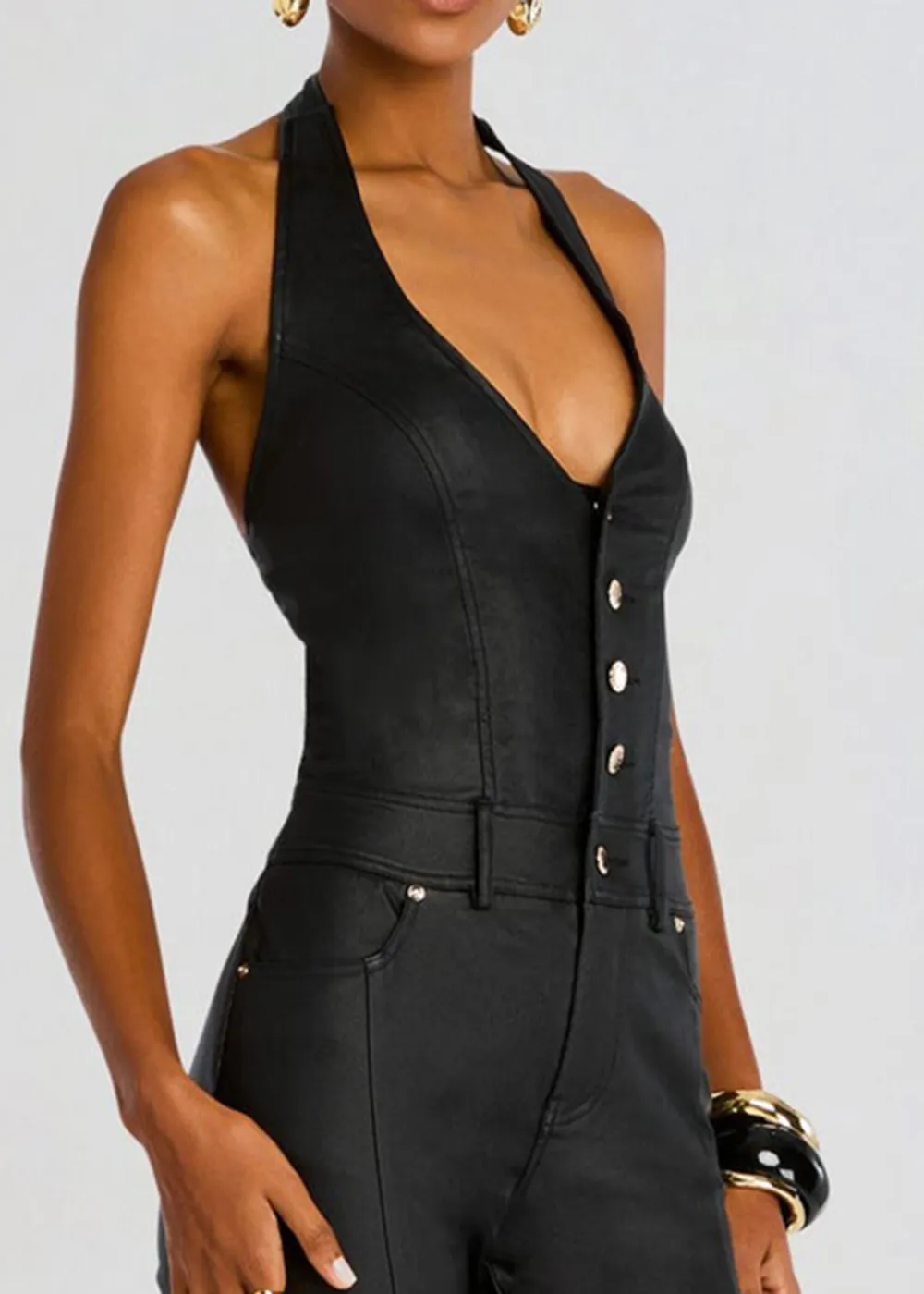 Deep V Neck Coated Denim Jumpsuit