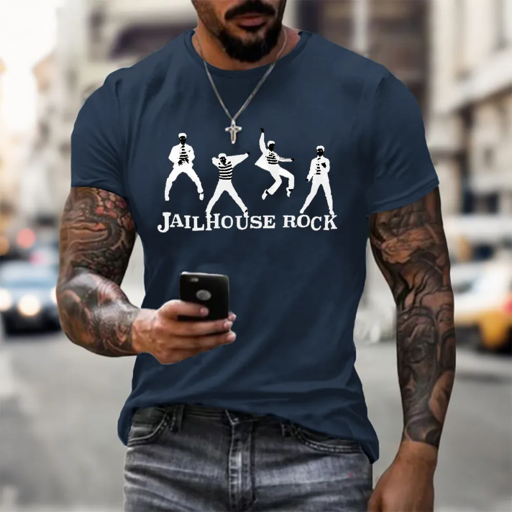 Men's Jail House Rock Print Short Sleeve Round Neck Cotton T-Shirt