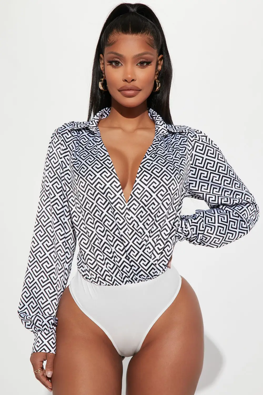 Fashionably Late Satin Bodysuit - Black/White