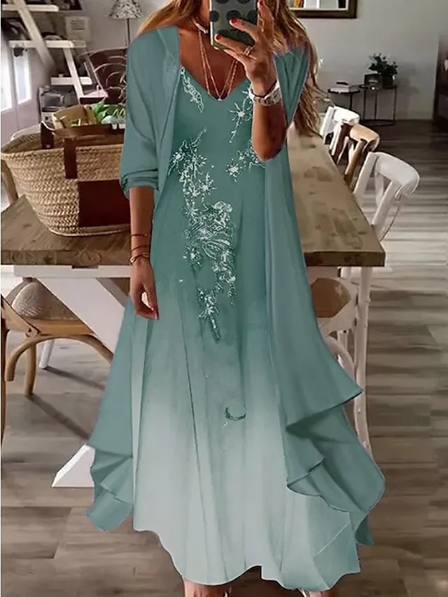 Women‘s Casual Dress Dress Set Two Piece Dress Long Dress Maxi Dress Blue Half Sleeve Print Ruched Summer Spring Fall V Neck Basic Daily Date 2023 S M L XL XXL 3XL