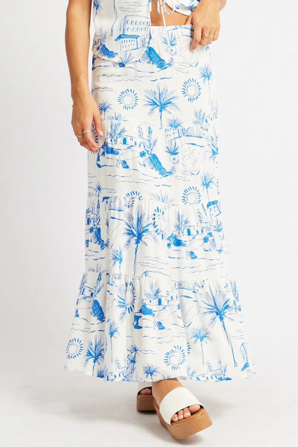 Blue Abstract Maxi Skirt Tiered High Rise Elastic Waistband