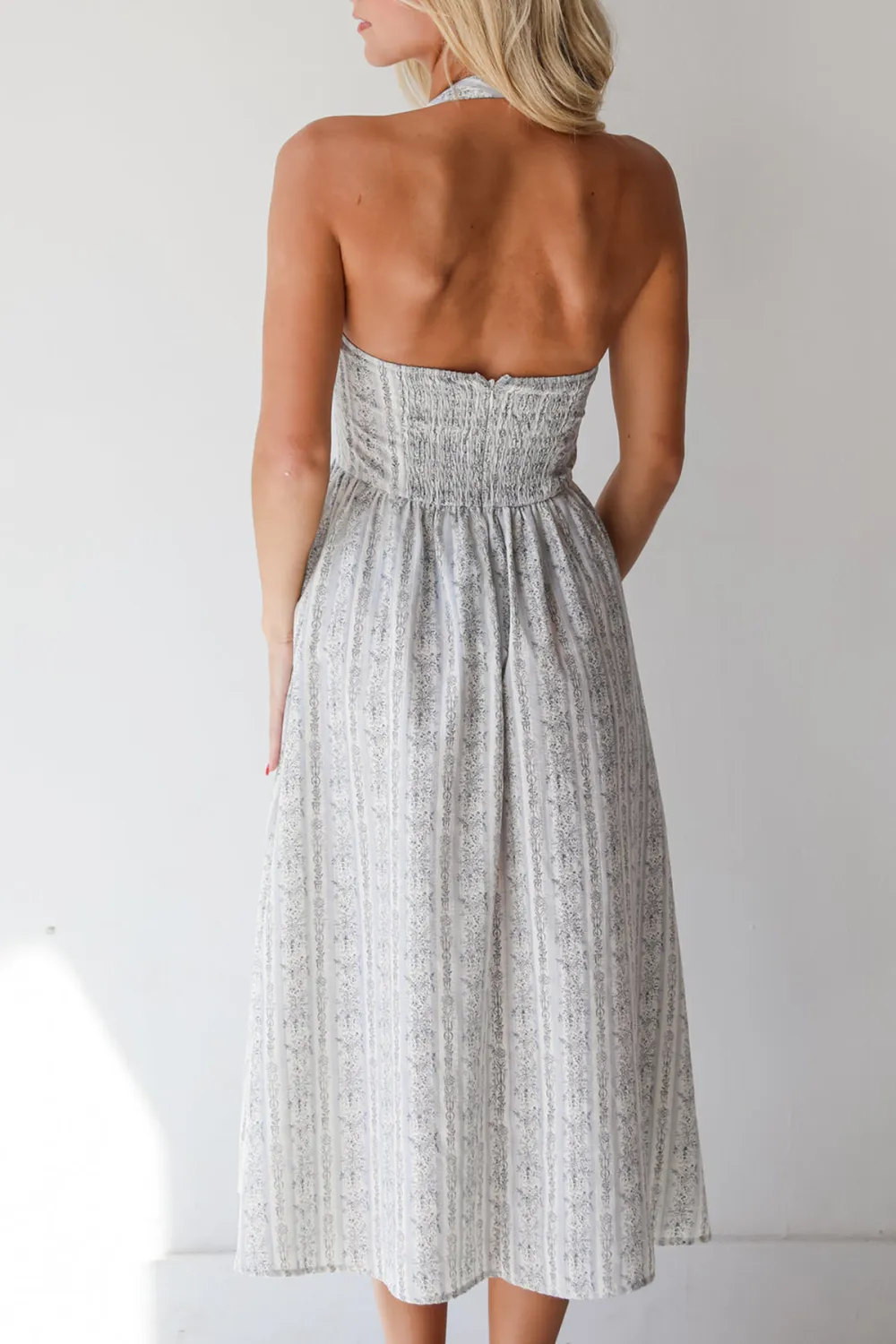 Breezy Composure Blue Striped Floral Halter Midi Dress