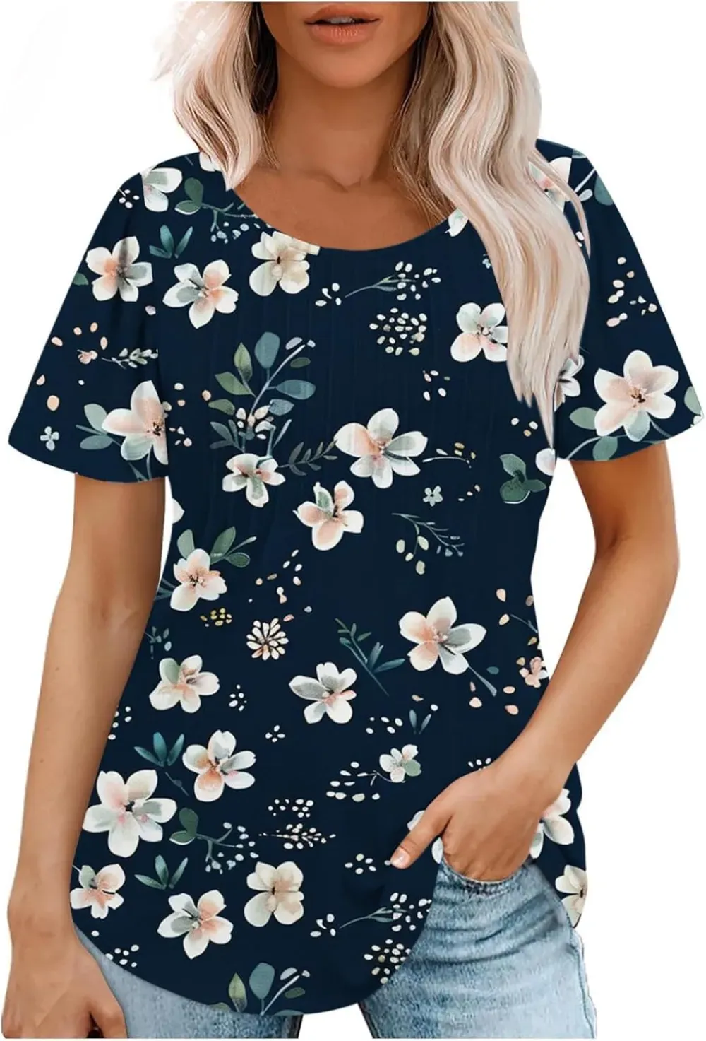 Womens Summer Pleated Front Shirts Tunics Casual Short Sleeved Loose Round Neck Boho Printed Tops Vacation Blouse