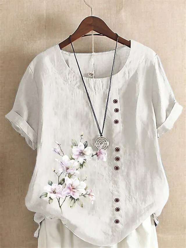 Women's Shirt Linen Shirt Blouse Cotton Linen Floral White Yellow Pink Button Print Short Sleeve Daily Vacation Going out Vintage Holiday Casual Crew Neck Regular Fit Summer Spring