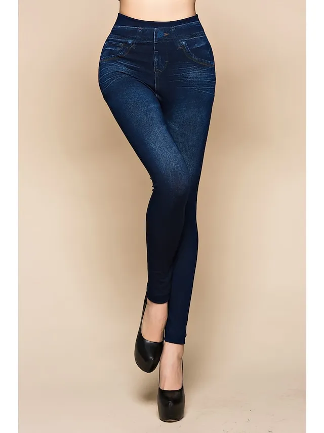 Women's Jeans Skinny Pants Trousers Ankle-Length Faux Denim Stretchy Mid Waist Classic Casual Weekend Blue One-Size Spring &  Fall