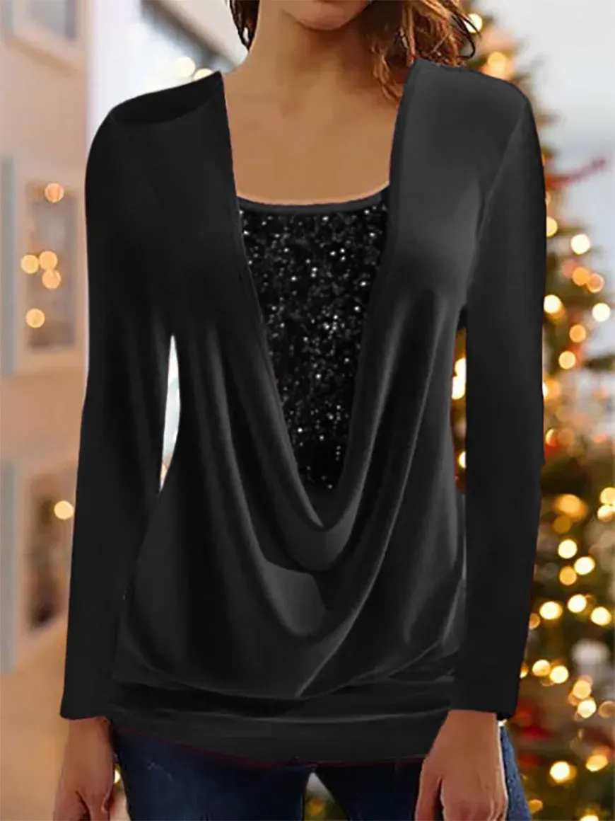 Round Neck Casual Solid Sequin Blouses