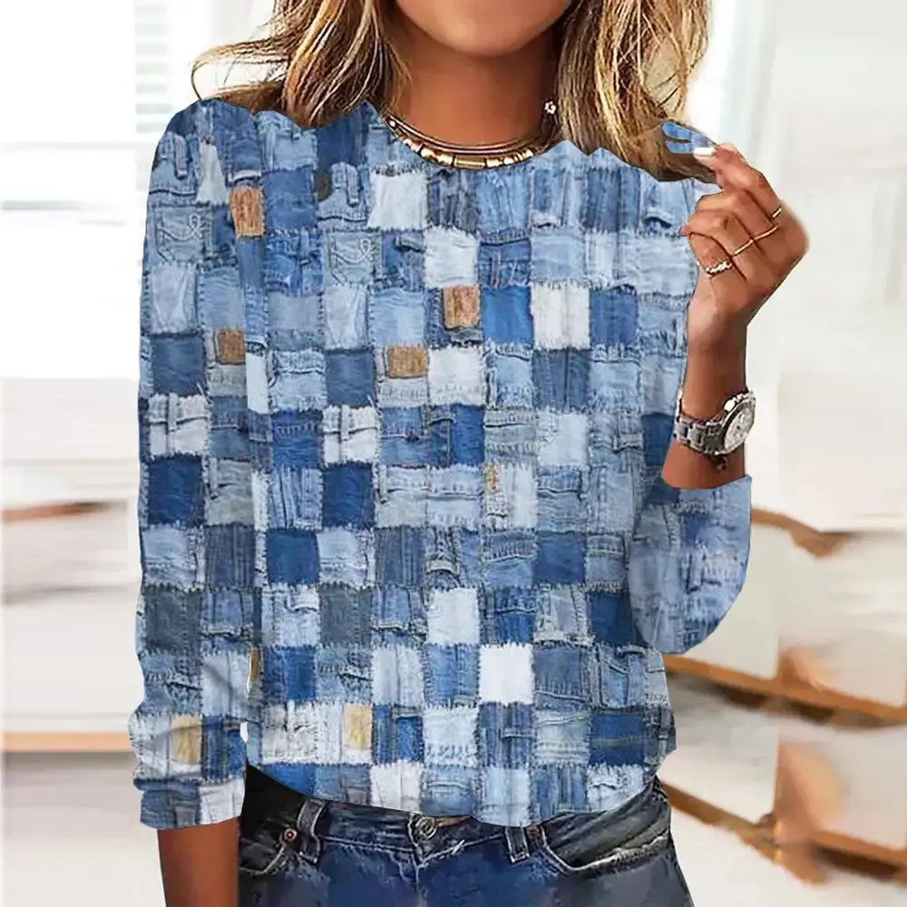 Blue Plaid Round Neck Top