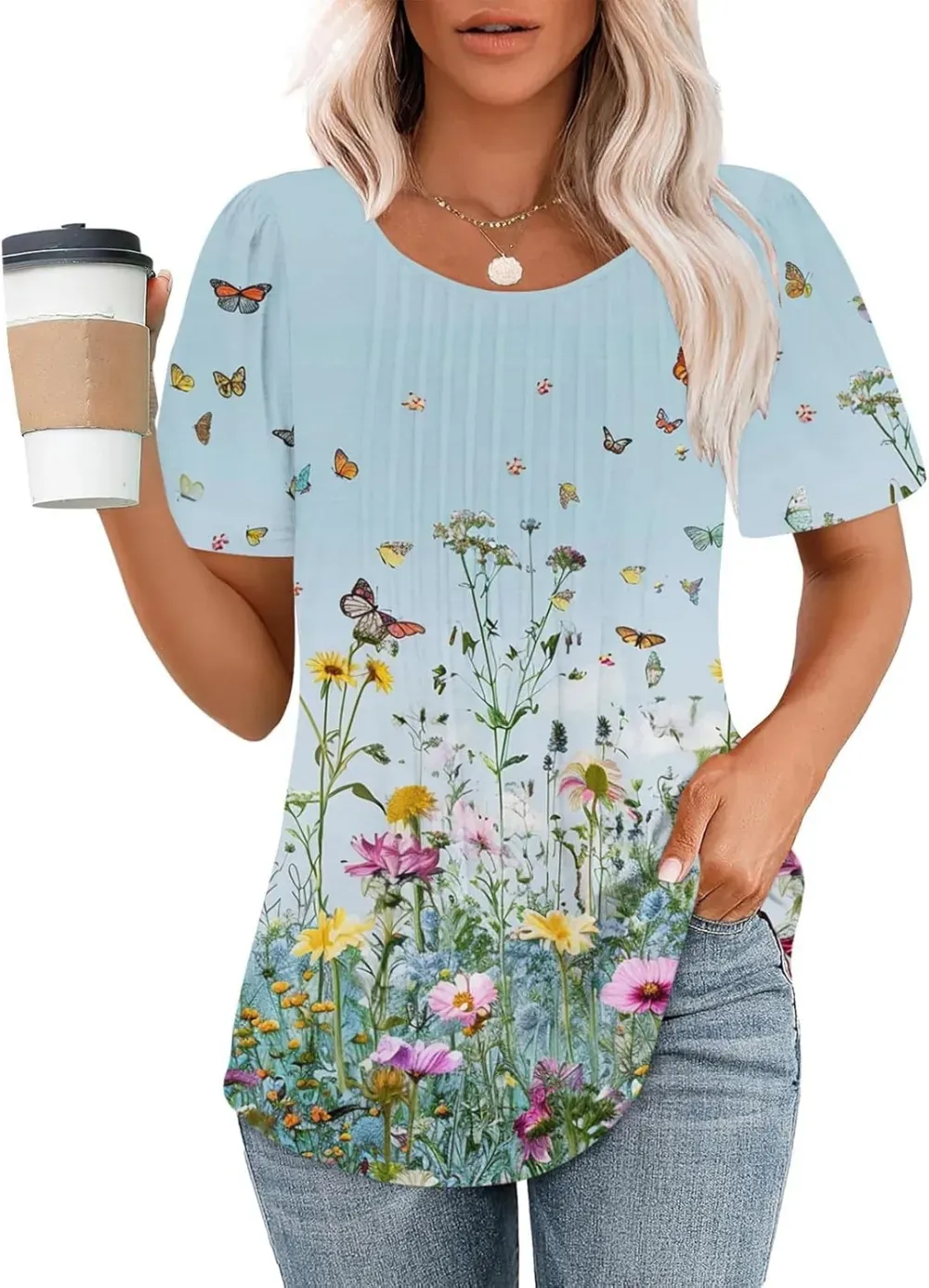 Womens Summer Pleated Front Shirts Tunics Casual Short Sleeved Loose Round Neck Boho Printed Tops Vacation Blouse