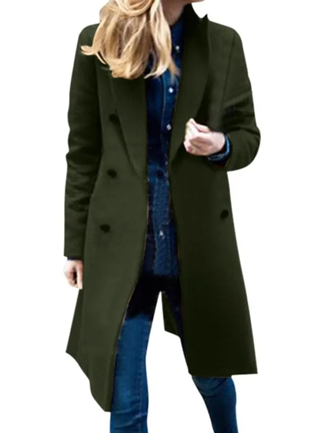 Women's Overcoat Fall Double Breasted Long Coat Thermal Warm Windproof Trench Coat Winter Coat Pea Coat Daily Wear Vacation Stylish Chic & Modern Jacket Long Sleeve Slim Fit Black