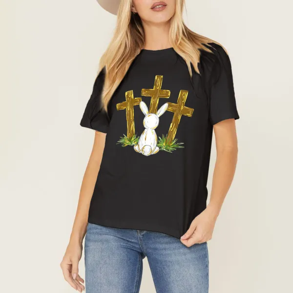 Cartoon Bunny And Three Golden Crosses Combination Pattern, Easter And Christian Elements, Loose, Simple, Casual T-Shirt.