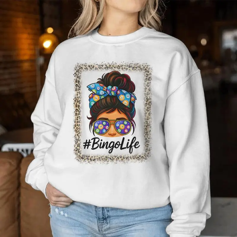 Bingo Life Messy Bun Bingo Lover Grandma Leopard Print Women Sweatshirt