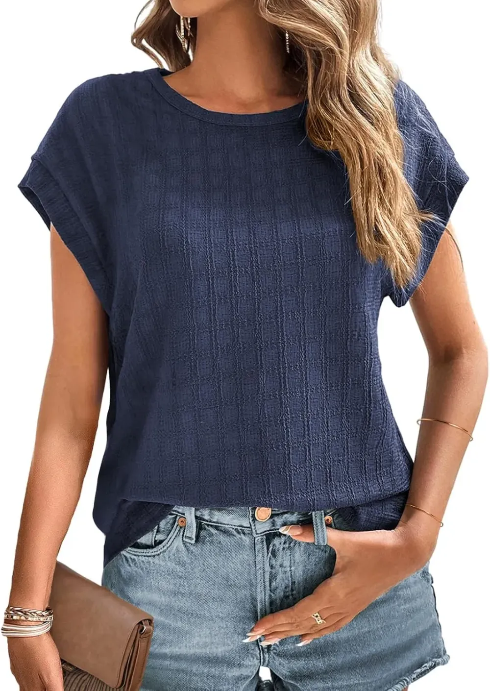 Dokotoo Tops for Women Trendy Summer Casual Cap Short Sleeve Basic Textured Solid Color Round Neck T Shirts Blouse