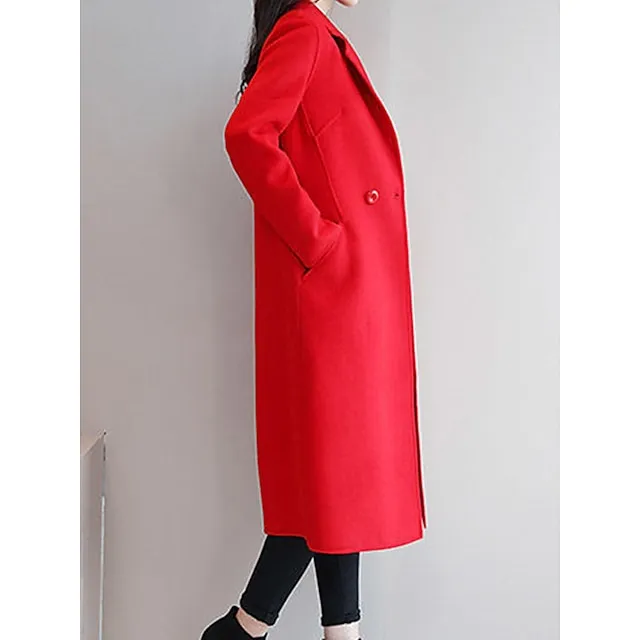 Women's Winter Coat Long Overcoat Double  Breasted Lapel Pea Coat Thermal Warm Windproof Trench Coat Stylish Contemporary Modern Jacket Long Sleeve with Pockets Black Yellow Red