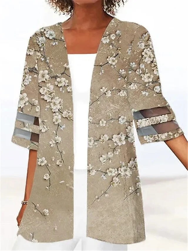 Women's Jacket Casual Jacket Outdoor Patchwork Floral Breathable Fashion Regular Fit Outerwear 3/4 Length Sleeve Summer Light Pink S