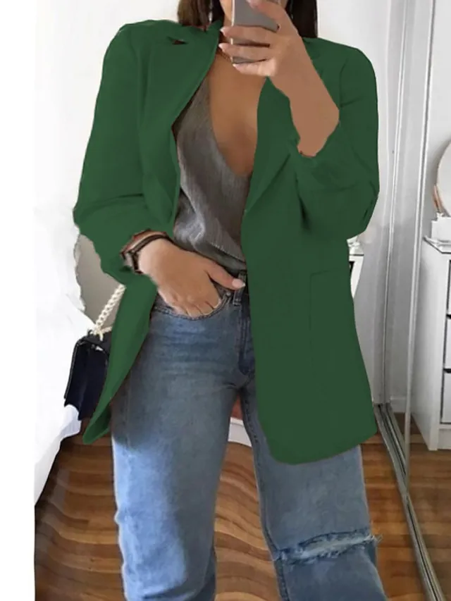 Women's Plus Size Curve Blazer Spring Work to Wear Office Jacket with Pocket Long Sleeve Peaked Lapel Fall Winter