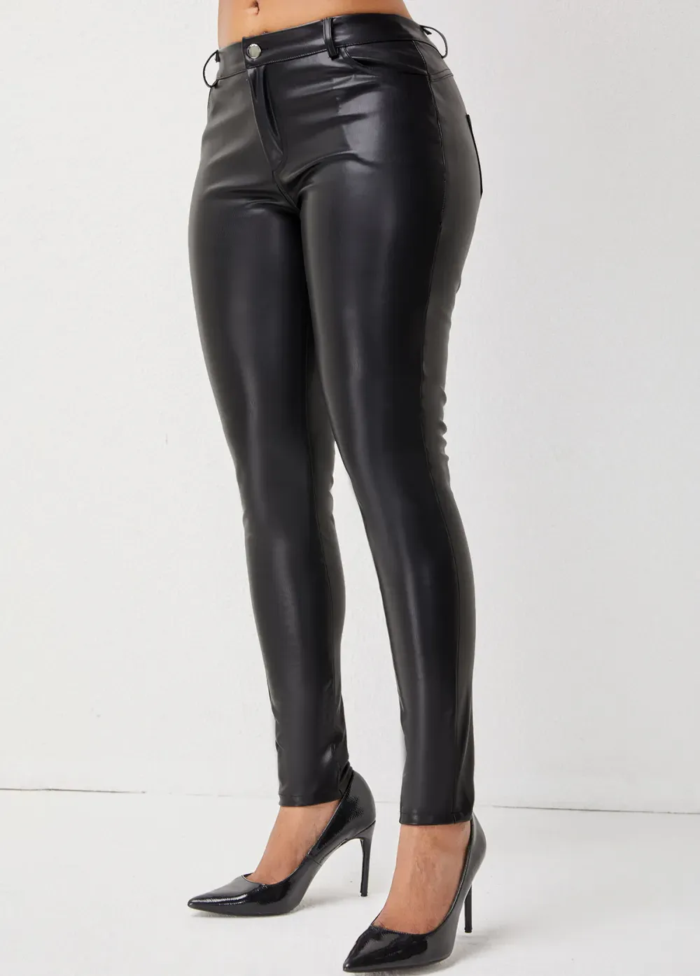 Skinny Solid Button Detail Leather Pants
