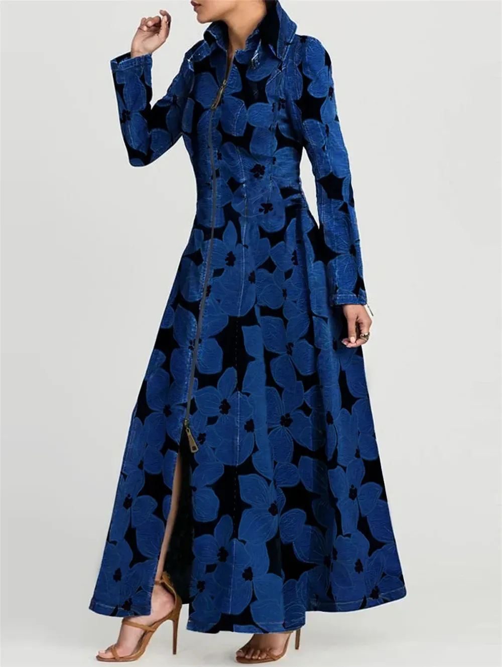 Ursime Daily Long Sleeve Floral Pattern Zipper Denim Maxi Dress