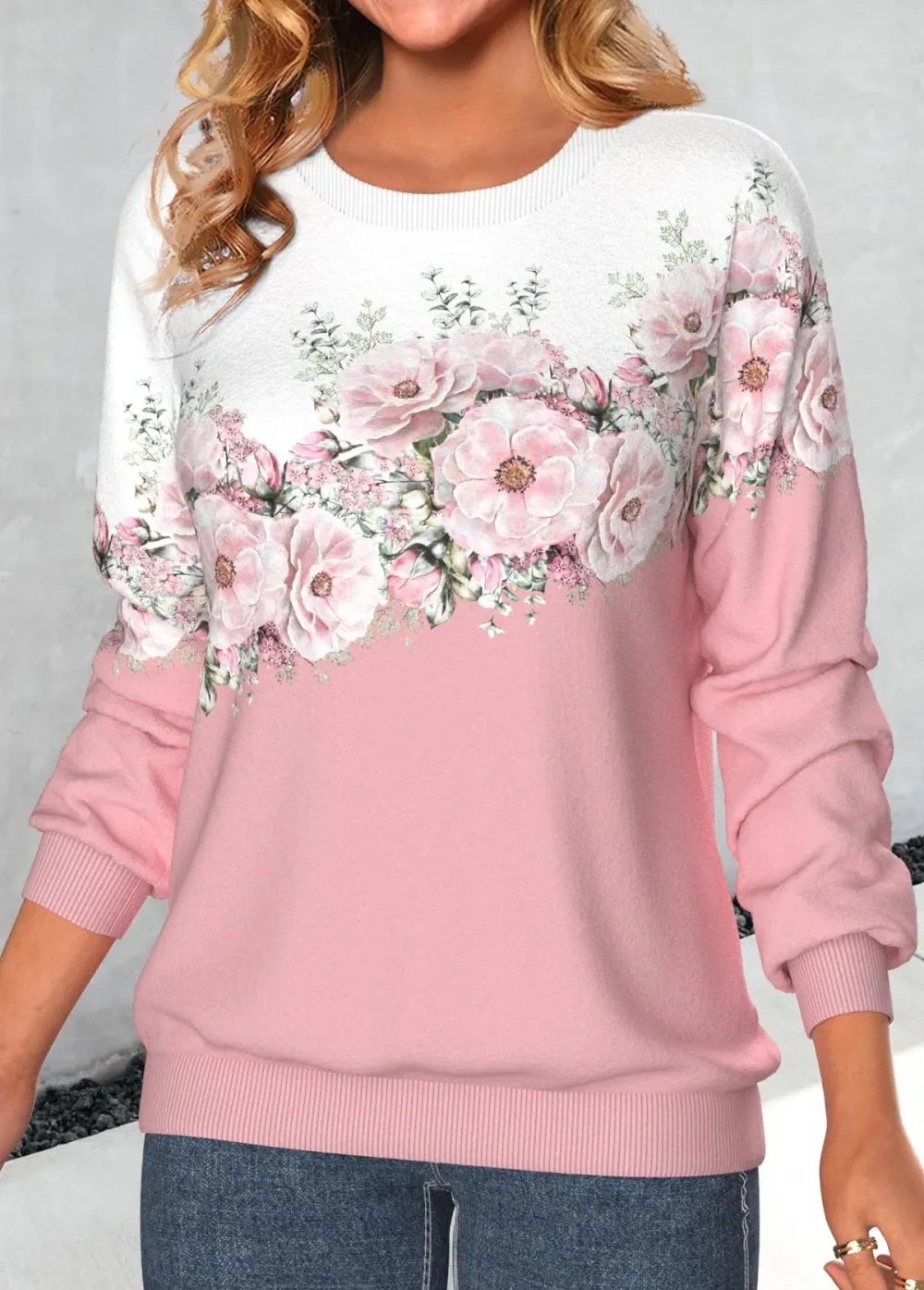 Pink Patchwork Floral Print Long Sleeve Sweatshirt