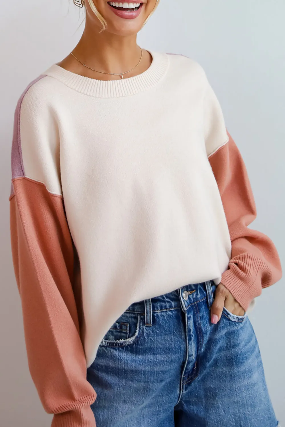 Complete Sophisticate Cream Color Block Sweater