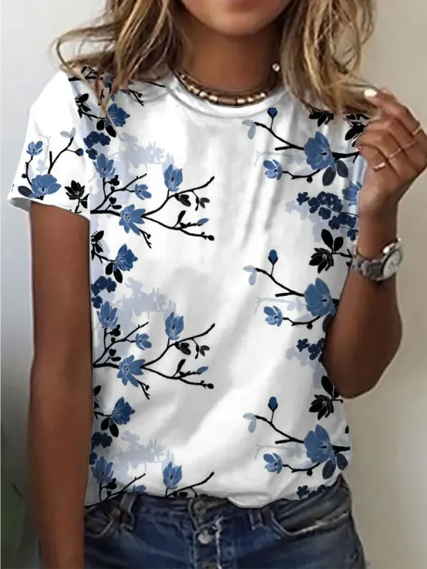 Casual Floral Print Short-Sleeved T-Shirt