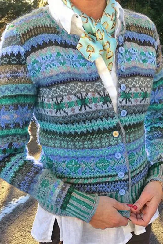 Vintage Ethnic Button Wavy Jacquard Sweater Cardigan