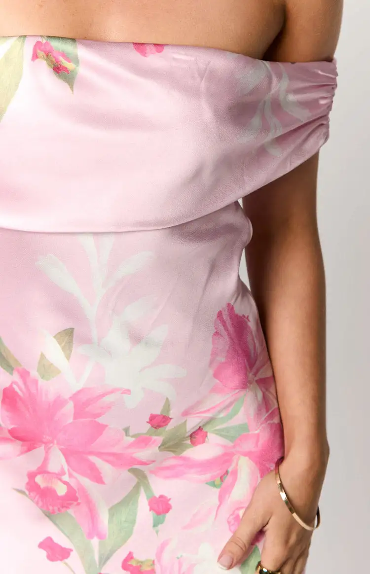Off Shoulder Pink Floral Maxi Dress