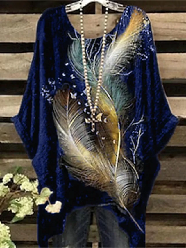Women's Plus Size Shirt Blouse Black Wine Dark Blue Feathers Print 3/4 Length Sleeve Daily Weekend Vintage Holiday Casual Crew Neck Oversized Dolman Sleeve Summer Spring Fall