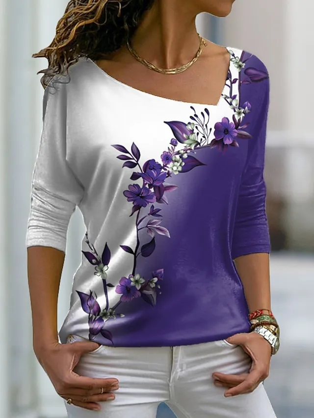 Women's Plus Size T shirt Tee Pink Blue Purple Graphic Floral Print Long Sleeve Casual Weekend Daily V Neck Regular Fit Floral Painting Fall & Winter