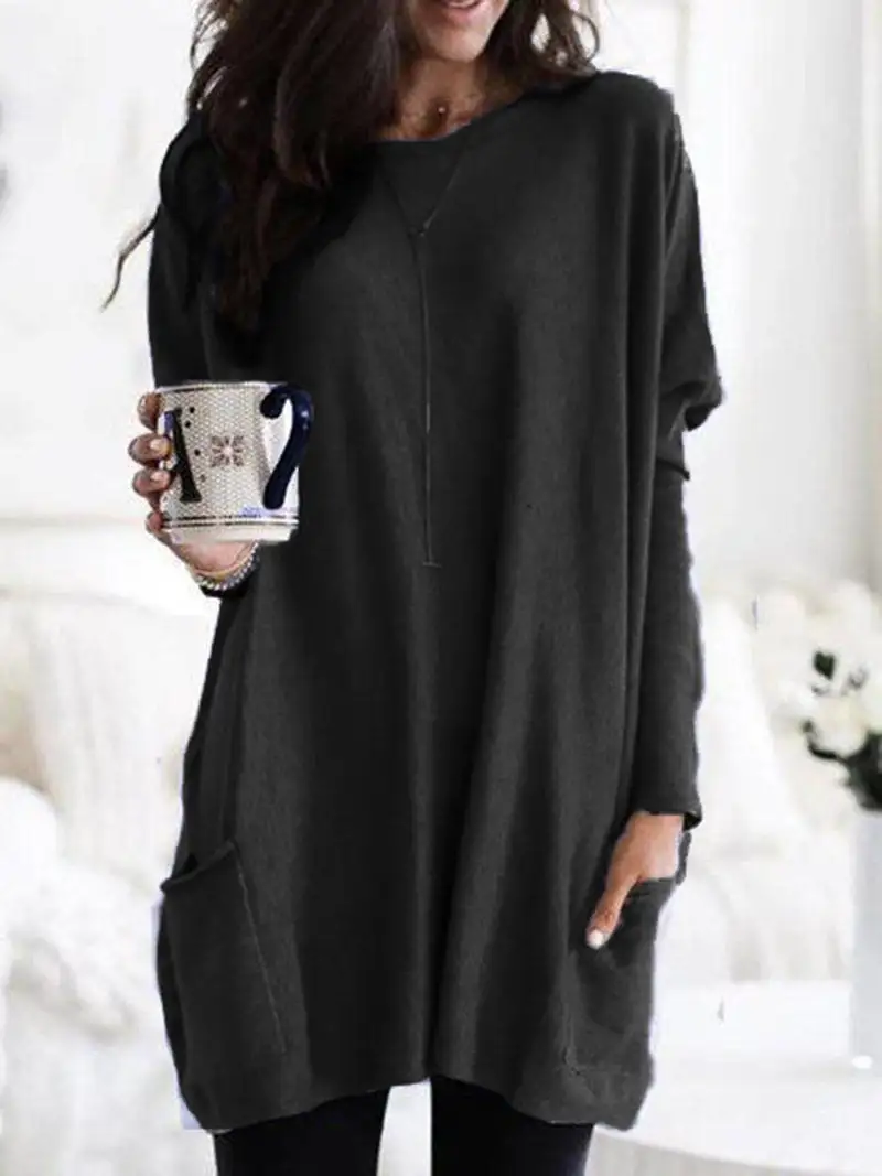 Casual Pocket Long Sleeve Round Neck T-Shirt